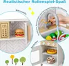 A collage of images showcasing different features of a children's play kitchen, including a microwave, sink with faucet, and oven with food items. Podgląd zdjęcia produktu