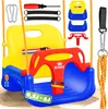 A product shot of a colorful baby swing set and its accessories, laid out on a sandy surface. Produktbild-Vorschau