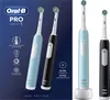 A marketing image showing two Oral-B electric toothbrushes, one blue and one black, with product features highlighted. Anteprima dell’immagine prodotto