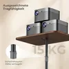 Three projectors are stacked on a wooden shelf supported by a black pole. Text and graphics highlight the product's features. Produktbild-Vorschau