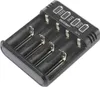 A black battery charger with four slots for batteries. The top of the charger has indicators for battery charge levels. Produktbild-Vorschau