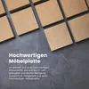 A collection of square wooden boards arranged on a dark gray surface, with German text overlay. Produktbild-Vorschau