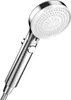 A close-up studio shot of a modern chrome and white handheld shower head against a plain white background. Produktbild-Vorschau