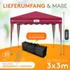 A red pop-up canopy tent with its accessories laid out on an orange surface. Produktbild-Vorschau