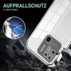 A transparent phone case is shown with a graphic illustrating its protective features against impact, set against a dark, rocky background. Produktbild-Vorschau