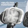 Weiß-schwarze Blasenmaschine mit abgenommenem Pistolenkopf, mit sichtbarem Ventilator, vor hellblauem Hintergrund mit Pool Voir les images du produit