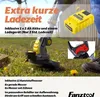 A cordless grass trimmer with a battery and charger, set in a grassy outdoor environment. Produktbild-Vorschau