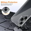 A clear phone case is shown on a dark, cracked surface, suggesting it offers protection against drops. Text overlays highlight its 'Military Protection' features. Podgląd zdjęcia produktu