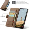 A brown leather phone case with card slots and a cash slot is shown open, displaying a phone screen with a lighthouse image. Produktbild-Vorschau