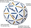 A white handball with blue and gold accents, shown from a slightly elevated angle. Produktbild-Vorschau