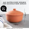 A terracotta bread baking pot with text overlays indicating its features and dimensions. Produktbild-Vorschau