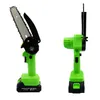 Two views of a green and black cordless mini chainsaw against a white background. Produktbild-Vorschau