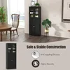 A black cabinet with glass doors is shown in a room with a dining table and chairs. The bottom part of the image contains marketing text and icons. Podgląd zdjęcia produktu