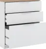 A white dresser with a wood-effect top and three drawers, one of which is partially open. Voir les images du produit
