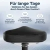 Close-up of an ergonomic office stool with marketing text and icons highlighting its features. Produktbild-Vorschau