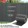 A roll of dark gray privacy screen material is shown in front of a fence with text overlays describing its features. Produktbild-Vorschau