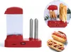 A collage of a red hot dog maker, along with a demonstration of how it works and finished hot dogs. Produktbild-Vorschau