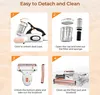 A collage of four images showing how to detach and clean parts of a vacuum cleaner. Produktbild-Vorschau