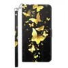A black wallet-style phone case with a gold butterfly design and a detachable wrist strap. Produktbild-Vorschau