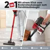 A split image showing a red and black stick vacuum cleaner being used in two different scenarios: on a carpeted floor and on a sofa. Text overlays highlight its 2-in-1 functionality and cleaning capabilities. Produktbild-Vorschau