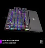A gaming keyboard with RGB lighting and a wrist rest against a black background. Produktbild-Vorschau