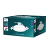 The image shows the packaging of a Philips LED ceiling fan light. The box is primarily teal and white, featuring an illustration of the product and descriptive text. A remote control is also shown. Podgląd zdjęcia produktu