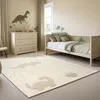 A child's bedroom with a bed, dresser, rug, and dinosaur wall decals. Produktbild-Vorschau