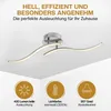 A modern LED ceiling light with two curved arms, shown mounted on a white ceiling. The image includes marketing text and icons highlighting product features. Produktbild-Vorschau