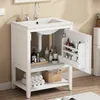 A white bathroom vanity with a sink and open cabinet doors, showcasing various toiletries and towels. Náhled obrázku produktu