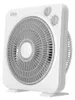 A white box fan with a grey grille and control knobs, shown from a slight diagonal angle. Produktbild-Vorschau