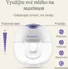 A white electric breast pump with purple accents is shown against a white background, with text and icons describing its features. Produktbild-Vorschau