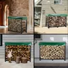 Collage of four images showing a firewood rack with a green cover in different outdoor and indoor settings, with one image featuring a child interacting with the rack. Produktbild-Vorschau