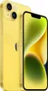 A yellow iPhone 14 is shown from a diagonal angle, with the front screen facing the viewer. Produktbild-Vorschau
