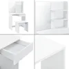 A collage of four images showing a white vanity table with a mirror and stool from different angles. Produktbild-Vorschau