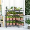 A metal shelving unit filled with various potted plants on a wooden porch. Voir les images du produit