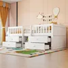 A child's bedroom with two white loft beds, each with drawers underneath. The beds are decorated with a colorful rug and wall decorations. Produktbild-Vorschau