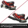 A collage showing two views of a cordless orbital sander, highlighting its dust collection system. Produktbild-Vorschau