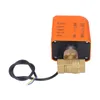 An electric ball valve with an orange actuator and brass valve body, shown against a white background. Produktbild-Vorschau