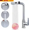 A collage of images showing a modern kitchen faucet with water flowing, along with close-up views of different spray modes and a peach. Produktbild-Vorschau