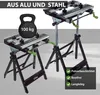 Two workbenches are shown, one with a weight on it, and a list of features. Produktbild-Vorschau