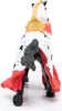 A toy horse from behind, decorated with a red and white cape and gold accents. Produktbild-Vorschau