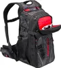 A black and gray fishing backpack with red accents and a pair of white sunglasses in an open compartment. Produktbild-Vorschau