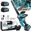 A collection of items for a cordless chainsaw kit, including batteries, charger, safety glasses, gloves, and the chainsaw itself, presented in a dynamic, slightly blurred background. Podgląd zdjęcia produktu