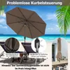 A beach scene with a large brown umbrella, lounge chairs, and palm trees. Produktbild-Vorschau
