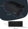 A product image showing a black waist bag and a black battery organizer with dimensions indicated by measurement lines and text. Podgląd zdjęcia produktu