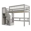 A gray wooden loft bed with stairs and storage. Produktbild-Vorschau