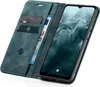 A teal flip-style phone case with card slots and a euro banknote is shown open, revealing a smartphone screen displaying the time and date. Produktbild-Vorschau