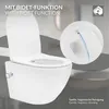 A modern white wall-mounted toilet with a bidet function, shown in a bathroom setting with a close-up inset highlighting the bidet spray. Produktbild-Vorschau