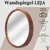 A round wooden mirror is displayed with text and icons highlighting its features. Anteprima dell’immagine prodotto