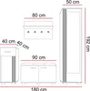 Diagram showing the dimensions of a furniture set including a wardrobe, shoe cabinet, and wall-mounted coat rack. Produktbild-Vorschau